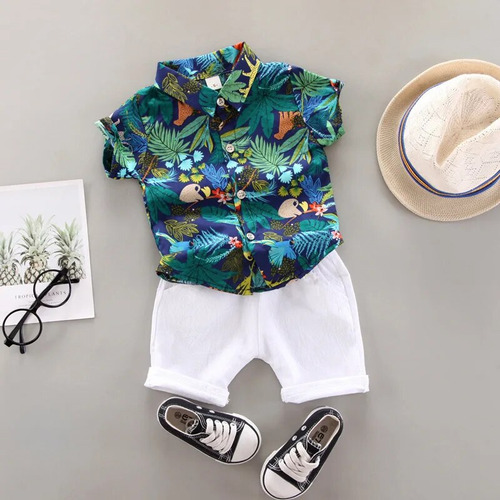 Camisa Estampada Para Bebé Niño, Pantalones Cortos Casuales,