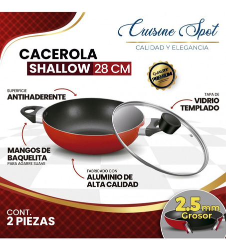 Olla Cacerola Shallow Aluminio Con Antiadherente Y Tapa 28cm