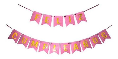 Banderin Feliz Cumpleaños Rosa C/ Letras Doradas Deco Cumple