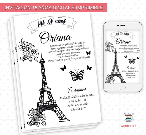Invitación 15 Años Eifel Tarjeta Digital E Imprimible M2