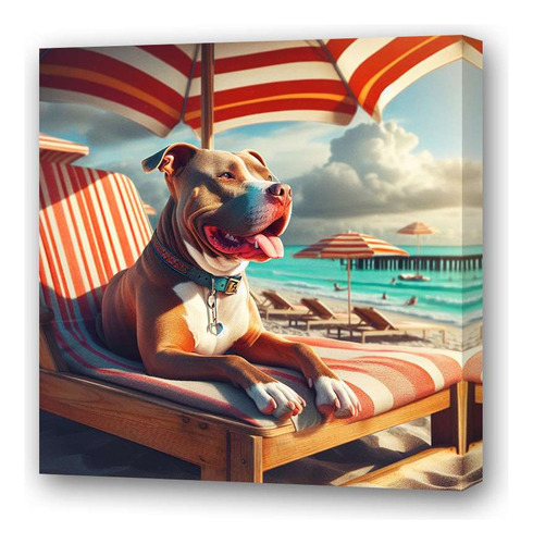 Cuadro 20x20cm Pitbull Contento Playa Mar Beach Sol