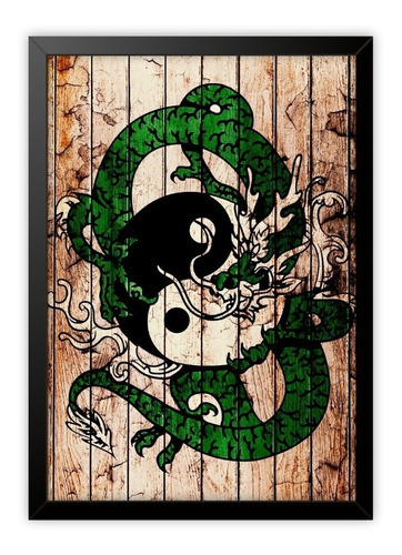 Quadro Decorativo Yin Yang Dragon Green Madeira Moldura A4 Cor da armação Preto