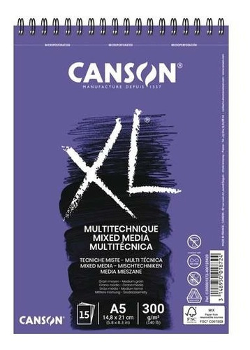 Block Canson Xl Mix Media A5 300 G Acuarela Gouache Acrilico