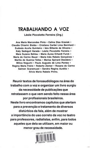 Trabalhando a voz: vários enfoques em fonoaudiologia, de (Seleccionado(es) por) Ferreira, Léslie Piccolotto. Editorial Summus Editorial Ltda., capa mole em português, 1988