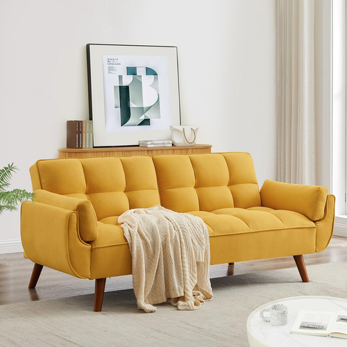 Sofá Cama Futón Convertible 3 Plazas Lino Moderno 75 Pulgada Amarillo/dorado Diseño De La Tela