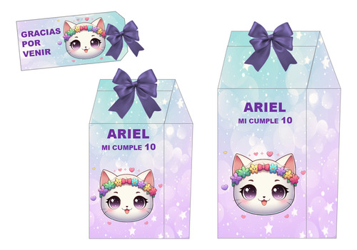 Kit Imprimible Cajas Milk + Tag: Gatito Con Vincha De Flores