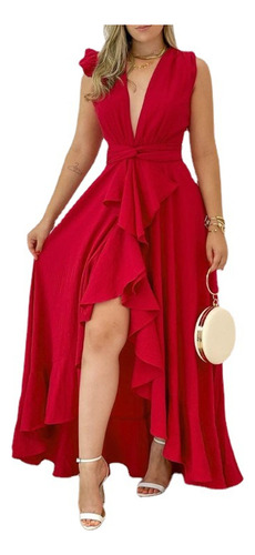 Vestido: Falda Larga Con Escote Coreano Rojo De Cintura Alta