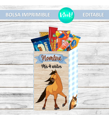 Bolsa Imprimible Spirit Corcel Caballo Editable Celeste