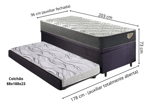 Bicama Baú Solteirão Com Colchão Adapto Suede Preto 96x203