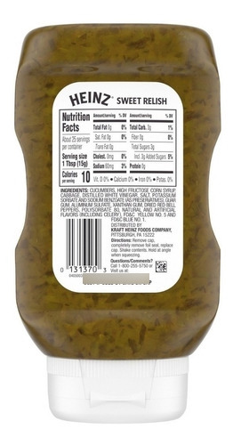 Aderezo Sweet Relish Heinz 375gr. Origen Usa Pack X6