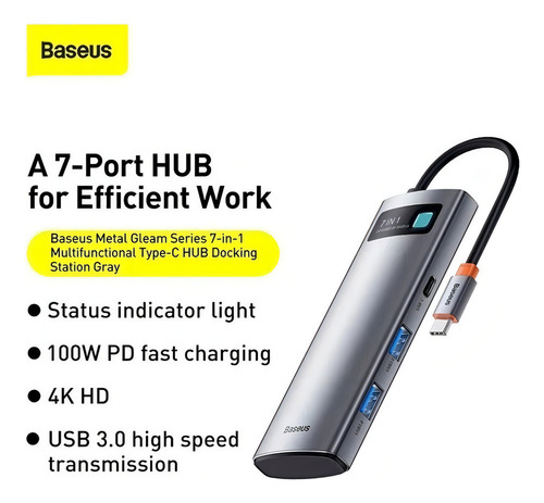 Baseus Hub Usb 7 Em 1 Cinza 3.0 E 2.0 20cm 5 Gbps