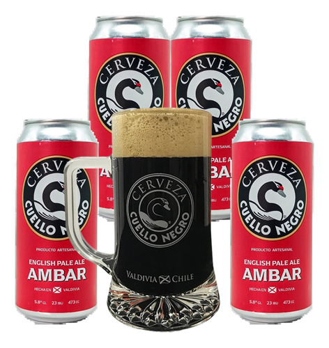 Pack 4 Cerveza Cuello Negro Ámbar Lata 473cc + Shopero 500cc