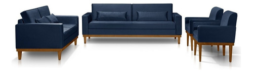 Conjunto Sofá Living Valência 3/2 + 2 Poltronas - Veludo Cor Azul