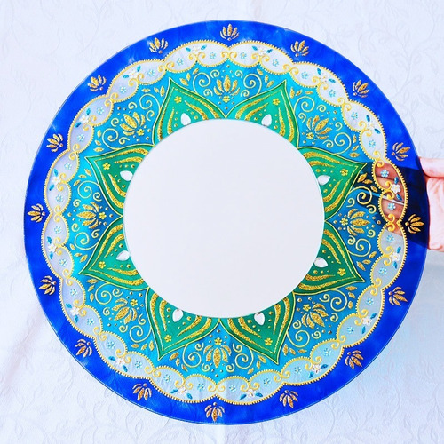 Vitral Mandala Azul E Verde 40cm Com Espelho Central De 20cm