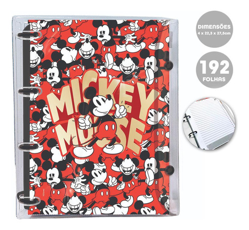 Caderno Fichário Argolado 144 Folhas Mickey C/ 10 Divisória Cor Vermelho