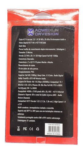 Imagem 2 de 7 de Cabo Hdmi 5m 2.0 19 Pinos Ethernet 5 Metros 4k Ultra Hd 3d