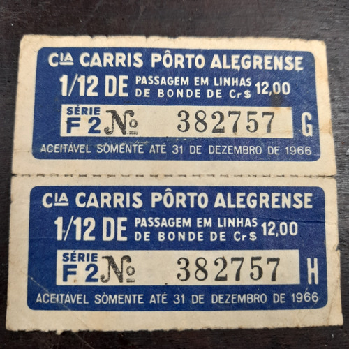 Carris Porto Alegre Vale Transporte Bonde 1966 Dois Original