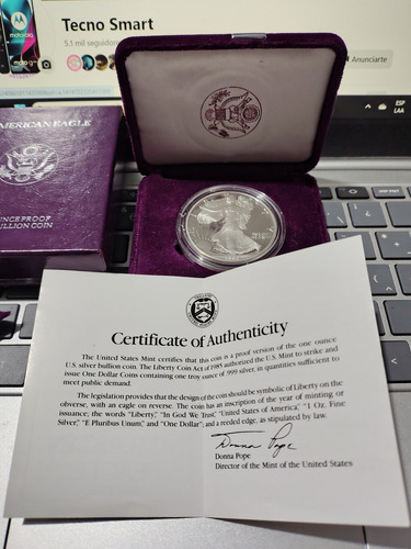 Moneda De Plata Águila Americana 1 Onza 999 1990 Certificado