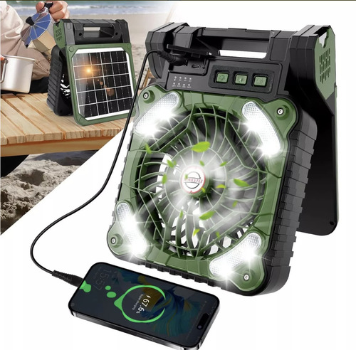 Ventilador Solar Portátil Con Luz Led Batería Recargable Usb Cantidad De Aspas 3 Estructura Verde Oscuro Aspas Negro Diámetro 14 Cm Frecuencia 4 Material De Las Aspas Plástico