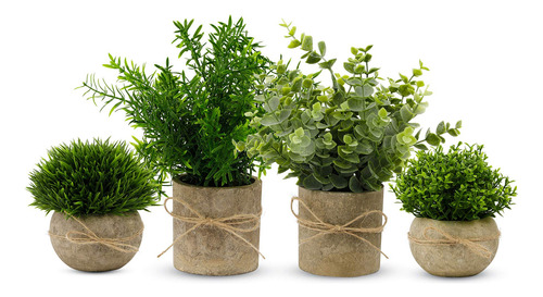 Macetas Con Mini Plantas Artificiales En Hierba Verde Sintét