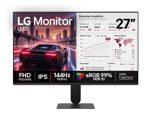 Monitor LG FHD Gamer &amp; Office tela IPS 27”, 1ms (MBR), 144Hz Nativo, FreeSync, HDR10, sRGB, Modo leitura, Flicker Safe, HDMI, Black Stabilizer, Dynamic Action Sync, Preto - 27U411B