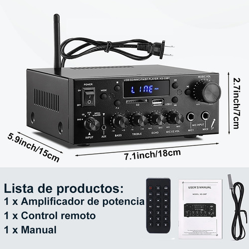 Amplificador Bluetooth Para Bocinas Audio 2 Canales Para Automóvil Y Hogar Alta Potencia Entrada Multimodo Calidad De Sonido Hifi Alta Fidelidad Con 2 Tomas De Micrófono Con Función Eco