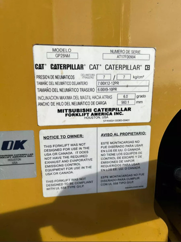 Autoelevador Cat Gp25 2500kg Torre 6mts C/desp Año 2018