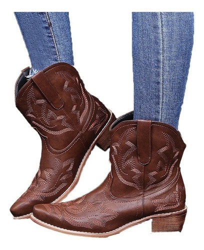 Botas Vaqueras Vintage Con Punta Bordada Para Mujer