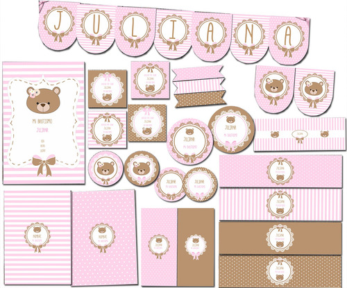 Kit Imprimible Osita Rosa Solo Textos Editables!