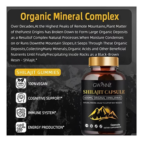 Gwynne Shilajit Gummies Puro Del Himalaya 85 Micronutrientes 60 Gummies + Charaji Cápsulas 60unidades 2pcs