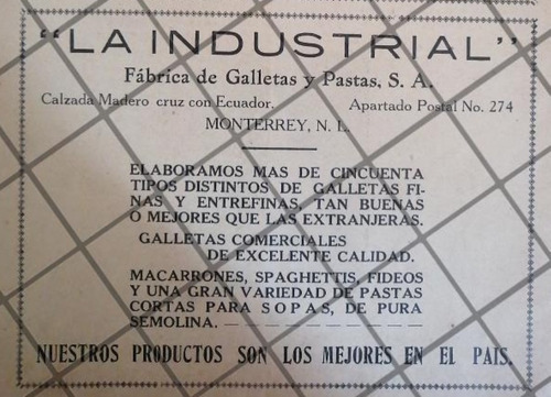 Afiche Antiguo Galletas La Industrial / Monterrey 1929