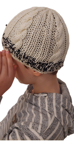 Gorro De Lana Tejido A Mano Artesanal Gn02 Único Niño Blanco Rayado