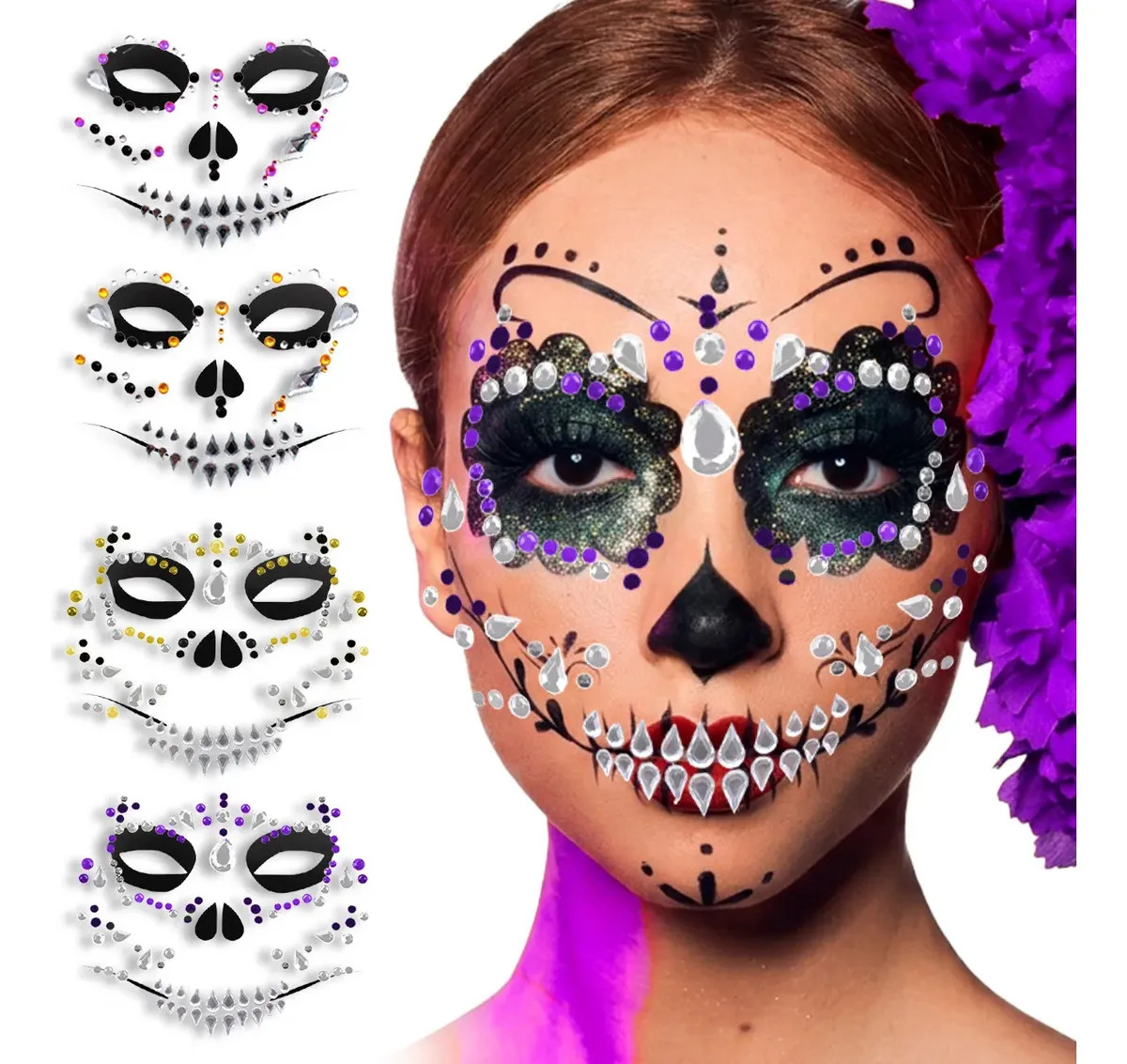 6 Pzs Pedrería Stickers Tatuajes Catrina Para Cara Disfraz Multicolor Calavera
