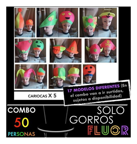Combo Gorros Fluo 50 Personas Solo Gorro Cotillon Sombrero