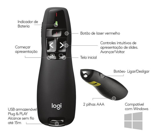 Apresentador Sem Fio Logitech R400 Laser Pointer Usb E Pilha