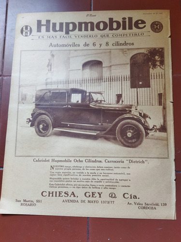 1927 Publicidad Vintage Automoviles Hupmobile Argentina Raro