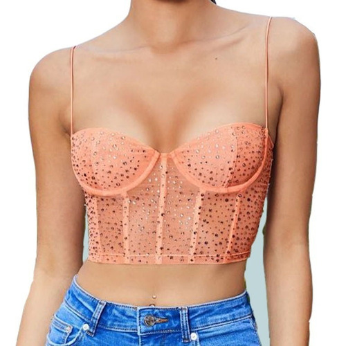 Top Crop Tirantes Mujer Corset Pedrería Fiesta Carnaval