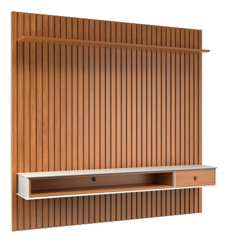 Painel Ripado Suspenso Luxo Para Tv Até 60 Polegadas 2,50x1,60m Sofisticado Com Gaveta E Prateleira Premium Sala E Quarto Rack Moderno Nicho Completo Cor Nature