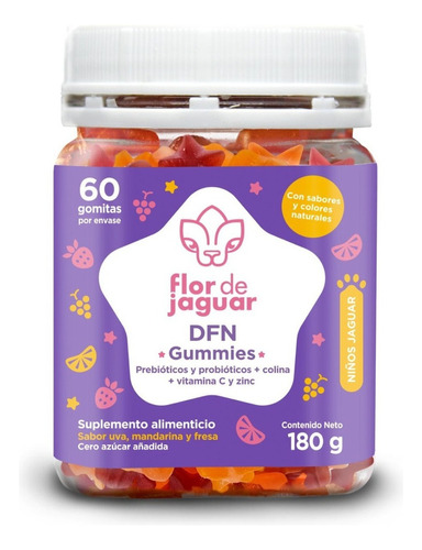 Flor de Jaguar | DFN Gummies 180 g | Gomitas con Probióticos + Vitaminas y Minerales | Sabor mandarina, uva y fresa | Cuida y mejora tus defensas  | Para niños y adultos.