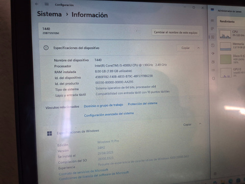 Laptop Lenovo Thinkpad T440 Touch I5 8gb 500gb Negro (Usado)