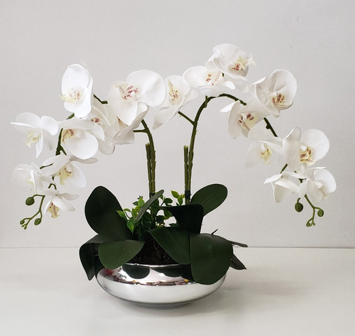 Arranjo De Mesa Orquídeas Artificiais Branca Vaso Montado | Frete grátis