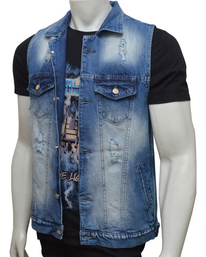 Colete Jeans Masculino Rasgado Destroyed Moto