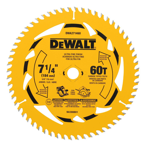 Disco de sierra circular de 7 1/4 pulgadas con madera Dewalt de 60d 185x60, color amarillo
