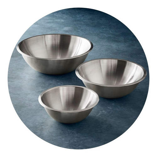 Set X 3 Bowls Cocina Acero Reforzado Batidor Reposteria Color Plateado