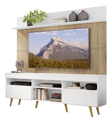 Rack Retrô Com Painel Tv 65  Madri Multimóveis V3371 Pre Cor Branco/Rustic/Natural