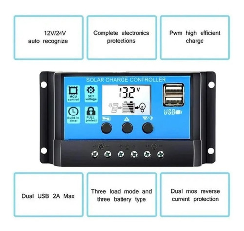 Imagen 2 de 6 de Regulador De Carga 20a Usb Paneles Solares Usb 12v 24v