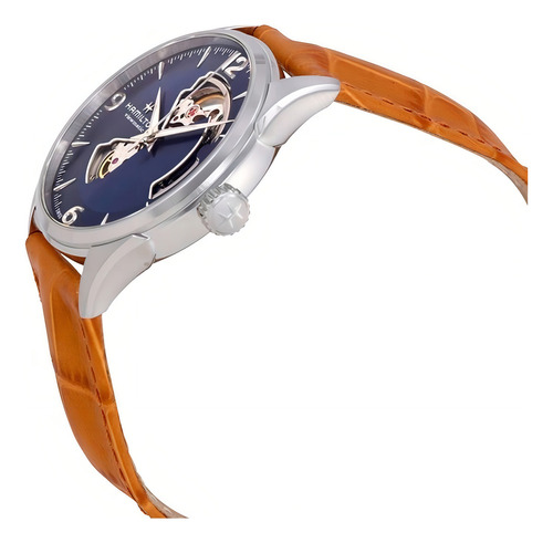 Reloj Hamilton Jazzmaster Open Heart H32705541 Correa Marrón Claro Bisel Plateado Fondo Azul