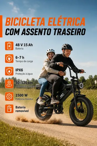 Casal em bicicleta elétrica UrbanDrift em estrada de terra com especificações técnicas ao lado