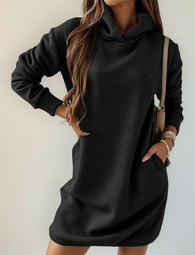 Vestido De Mujer De Color Liso De Manga Larga Con Capucha De