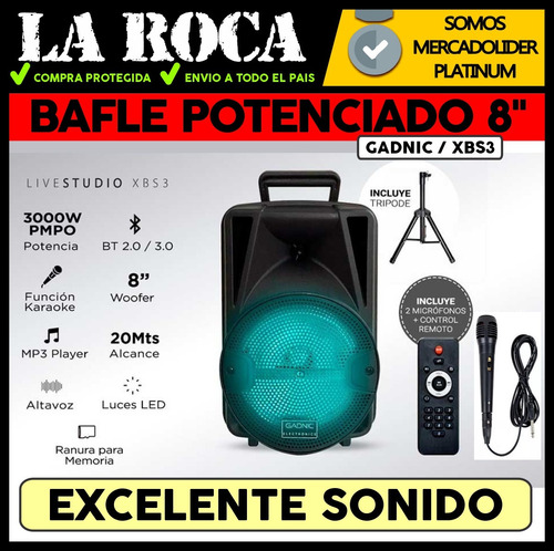 Bafle Potenciado 8 3000w Bluetooth Usb Sd Bateria Luces Led